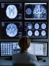 Medical Professional Analyzes Brain Scans on Multiple Monitors in a Clinical Setting, Showcasing Advanced Imaging Royalty Free Stock Photo