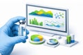 Medical professional in blue gloves holds a glass vial of liquid while analyzing data on a computer screen displaying graphs and Royalty Free Stock Photo
