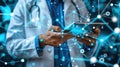 Medical professional in lab coat using tablet surrounded by digital network connections. Royalty Free Stock Photo