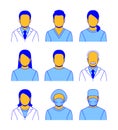 Medical professional staff flat line avatars