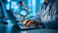 Doctor analyzing futuristic medical data with brain and DNA visualizations on laptop Royalty Free Stock Photo