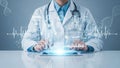 Doctor Analyzing Holographic Medical Data on Tablet Royalty Free Stock Photo