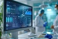 Medical professionals in a modern lab analyzing patient data on computer screens. Royalty Free Stock Photo