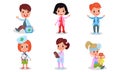 Hospital Routine Pictured By Children In Different Medical Costumes With Green Cross In Vector Illustration Set Isolated