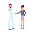 Medical prosthetics flat vector illustration. Smiling young doctor and happy patient with prosthesis characters. Woman Royalty Free Stock Photo