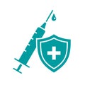 Medical protective shield with syringe icon, Treatment vaccine injection, Immunity protection concept