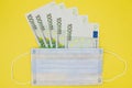 Medical protective surgical blue mask lies on money 100 euro banknotes on a yellow background. Selective focus. Price increase for