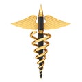 Medical Publication Concept. Golden Fountain Writing Pen as Gold Medical Caduceus Symbol. 3d Rendering Royalty Free Stock Photo