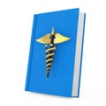 Medical Publication Concept. Golden Fountain Writing Pen as Gold Medical Caduceus Symbol over Blue Medical Book. 3d Rendering