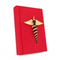 Medical Publication Concept. Golden Fountain Writing Pen as Gold Medical Caduceus Symbol over Red Medical Book. 3d Rendering