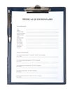 Medical questionnaire document in a clipboard Royalty Free Stock Photo