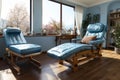 A medical recliner chair in teal blue is placed in a sunny room with a view, portraying a calm and restorative space