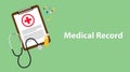 Medical record illustration with paperwork on clip board, a stethoscope, capsules and vitamin tube