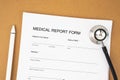 The Medical Report form (Health Questionnaire, patient registration form) and stethoscope is prepared to fill out the Royalty Free Stock Photo