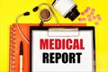 Medical report. A text label in the folder about the health status of the examined patient. Royalty Free Stock Photo