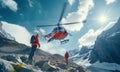 Medical Rescue helicopter landing in high altitude Himalayas mountains. High Himalayas expedition during mount climbing. Travel, Royalty Free Stock Photo