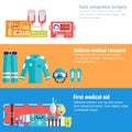 Medical rescue uniform and set first aid help equipment and instruments banners. On flat style background concept. Vector