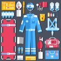 Medical rescue uniform and set first aid help equipment and instruments. On flat style background concept. Vector illustration for Royalty Free Stock Photo