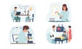 Medical research. Cartoon man and woman work with microscope, laboratory equipment. Doctor exams patient, health care