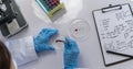 Medical Research Laboratory. Portrait of a Beautiful Female Scientist in Goggles Using Micro Pipette for Test Analysis Royalty Free Stock Photo