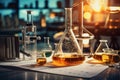 Medical Research Laboratory with test tubes in rack and flask chemical background, science research and development concept Royalty Free Stock Photo