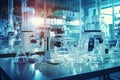 Medical Research Laboratory with test tubes in rack and flask chemical background, science research and development concept Royalty Free Stock Photo