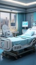 Medical room accommodates bed and table, designed for efficient patient comfort