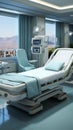 Medical room accommodates bed and table, designed for efficient patient comfort