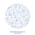 Medical round shape background with line style icons on white. Medicine and health design pattern with modern linear symbols.