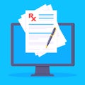 Medical rx form prescription popped up on PC screen with paper sheet flat style design vector illustration. Royalty Free Stock Photo
