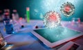 Medical science laboratory. Concept of virus and bacteria research using technology, tablet and software Royalty Free Stock Photo