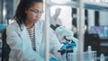 Medical Science Laboratory: Portrait of Beautiful Black Scientist Using Microscope, Does Analysis of Royalty Free Stock Photo