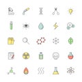 Science (chemistry and physics) vector outline colored icon set.