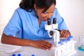 Medical scientific girl working with a microscope