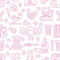 Medical seamless pattern, gynecology vector background pink color. Obstetrics, pregnancy line icons - baby ultrasound