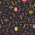 Pattern with Hospital and Medical Tools. Vector Doodle Elements.