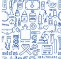 Medical seamless pattern. Medical doodle poster with medicines, test tubes and a thermometer. Big pharmacy set. Vector