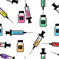 Medical seamless pattern with syringe for injection, colorful vaccine, vials of medicine. Vector Royalty Free Stock Photo