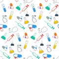 Medical seamless pattern with a syringe, stethoscope, test tube, bulb, pill. Painted. Vector.