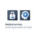 Nondisclosure personal information, medical secrecy concept, lock and head icons Royalty Free Stock Photo