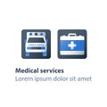 Medical services, hospital ambulance, health care, emergency car, relocation and hospitalization Royalty Free Stock Photo
