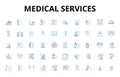 Medical services linear icons set. Diagnosis, Treatment, Healthcare, Rehabilitation, Preventive, Clinical, Therapy