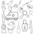 Medical set. Collection of healthcare elements for web design. Vector illustration. Coloring book for children. Sketch.