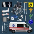 Medical set. Means of transportation, tools and devices. Health and medicine. Vector