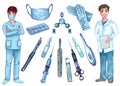 Medical set with syringe for injection, pills, vaccine and cute male doctors. Watercolor hand drawn illustration with medical