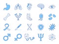 Medical specialization doodle illustration including icons - stomach, urology, heart, pulmonology, immunologist