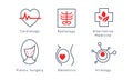 Medical specialization symbols set, cardiology, radiology, alternative medicine, plastic surgery, obstetrics, virology Royalty Free Stock Photo