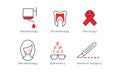 Medical specialization symbols set, hematology, dentistry, oncology, general surgery, optometry, dermatology vector