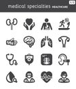 Medical specialties. Healthcare flat icons. Black