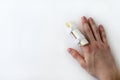 medical splint on a broken finger, on a white background. Medical assistance in case of injury.